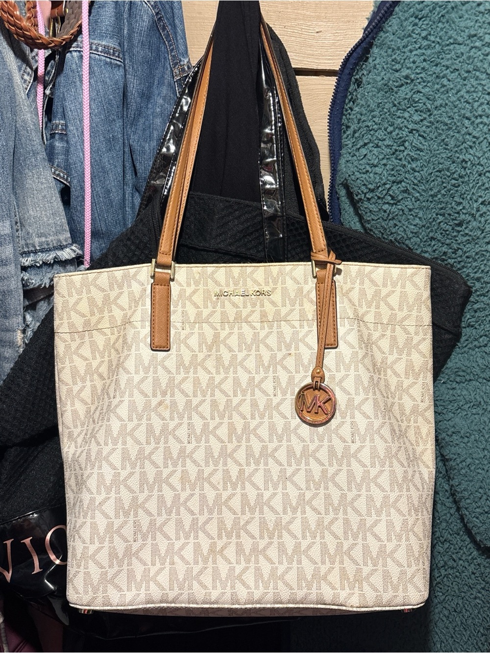 Michael Kors Cream Signature MK Tote with Tan Leather Straps